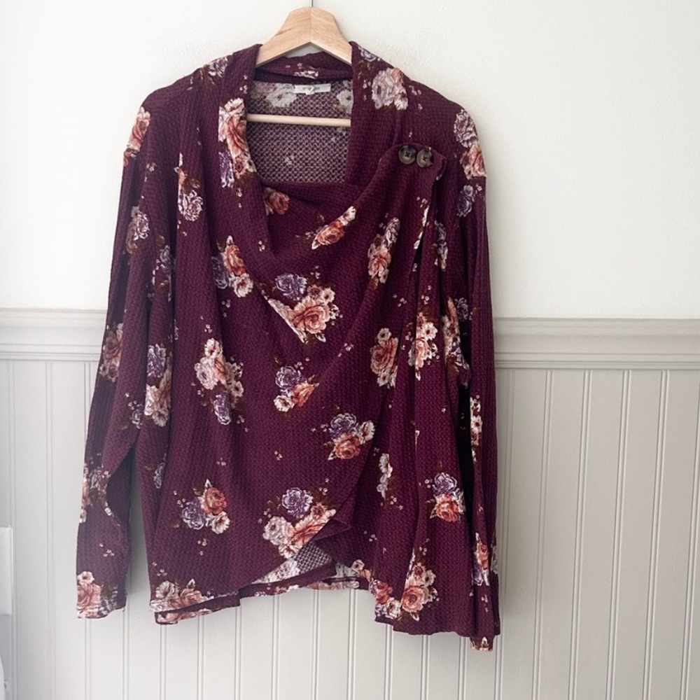Maurices Maroon Floral Draped Neck Top 3X Long Sleeve Blouse Elegant Stretch Top